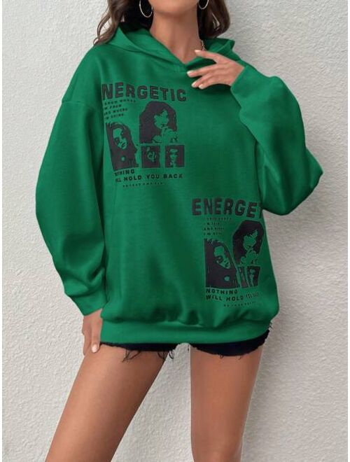 SHEIN EZwear Slogan Figure Graphic Drop Shoulder Hoodie