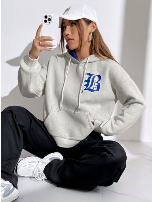 SHEIN EZwear Letter Graphic Drop Shoulder Drawstring Crop Hoodie