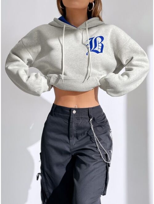 SHEIN EZwear Letter Graphic Drop Shoulder Drawstring Crop Hoodie