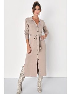 Charming Comfort Beige Collared Button-Up Sweater Dress