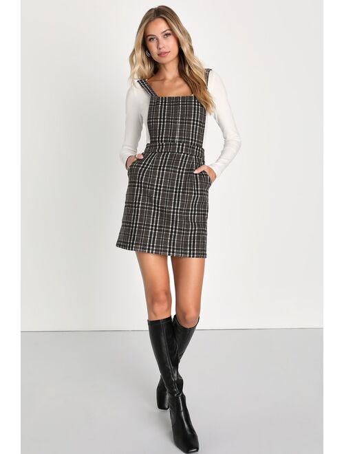 Lulus Plaid to be Yours Taupe Plaid Pinafore Mini Dress