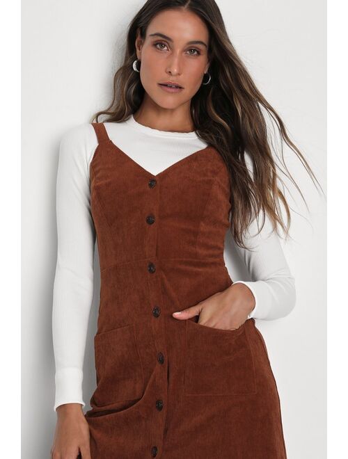 Lulus Certainly the Sweetest Brown Corduroy Button-Front Midi Dress