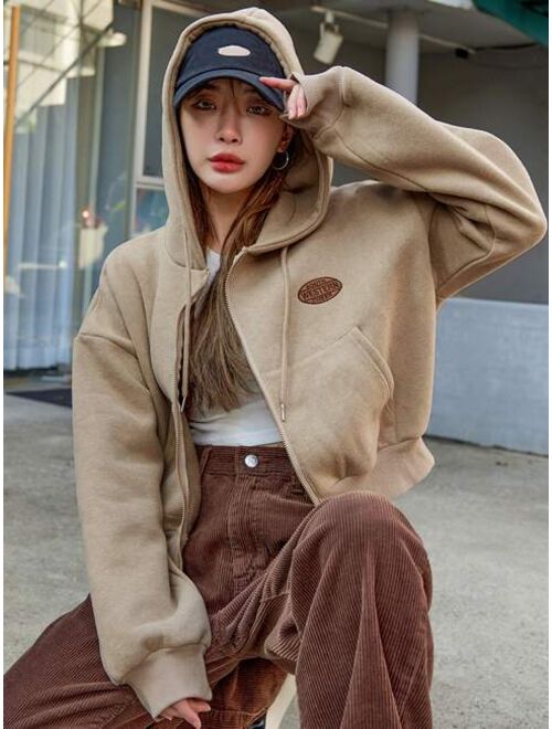 DAZY Letter Embroidery Drop Shoulder Drawstring Thermal Hoodie