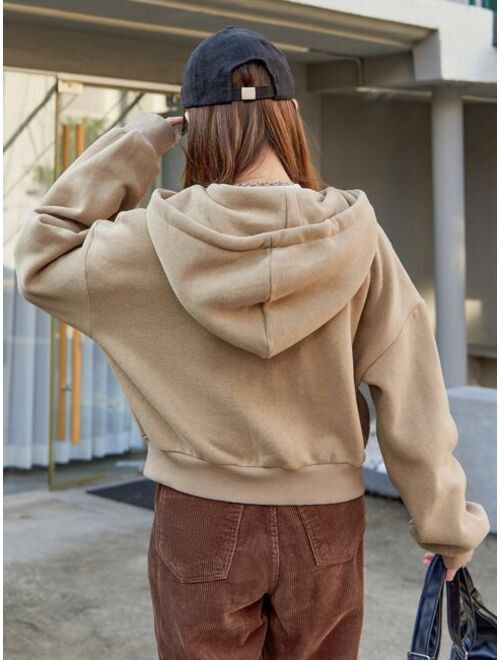 DAZY Letter Embroidery Drop Shoulder Drawstring Thermal Hoodie