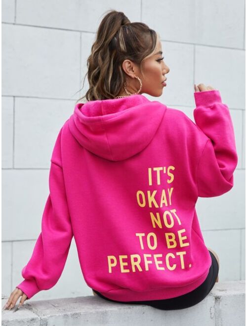 SHEIN EZwear Slogan Graphic Drop Shoulder Drawstring Thermal Hooded Sweatshirt