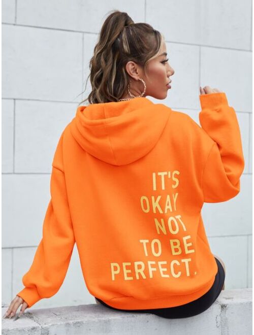 SHEIN EZwear Slogan Graphic Drop Shoulder Drawstring Thermal Hooded Sweatshirt