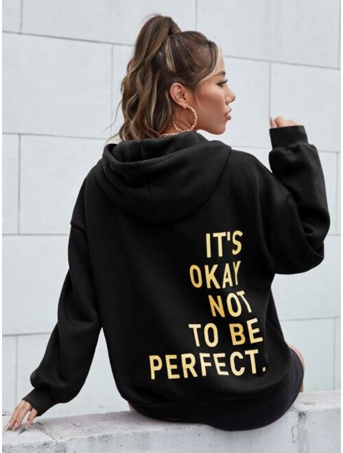 SHEIN EZwear Slogan Graphic Drop Shoulder Drawstring Thermal Hooded Sweatshirt