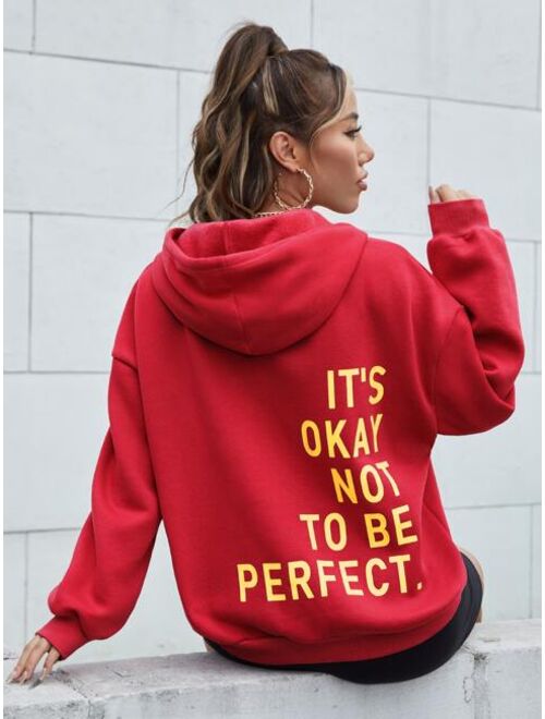 SHEIN EZwear Slogan Graphic Drop Shoulder Drawstring Thermal Hooded Sweatshirt