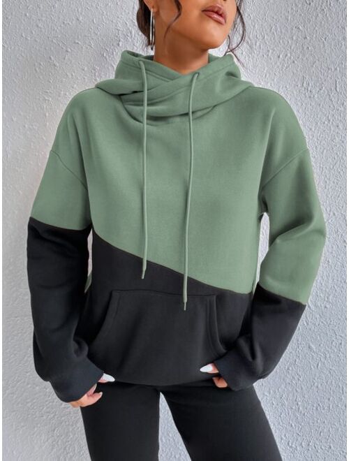 SHEIN EZwear Colorblock Kangaroo Pocket Drawstring Hoodie