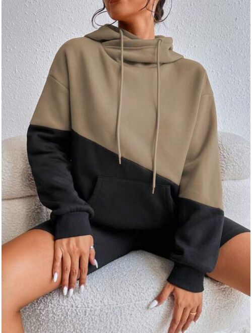 SHEIN EZwear Colorblock Kangaroo Pocket Drawstring Hoodie