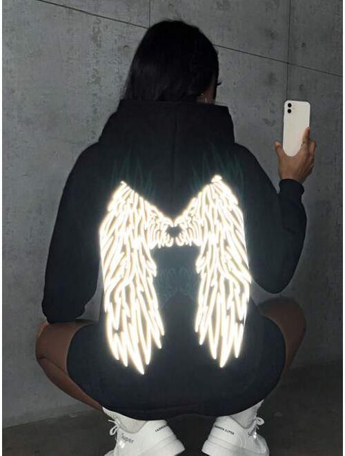 SHEIN EZwear Reflective Wings Print Kangaroo Pocket Drop Shoulder Hoodie