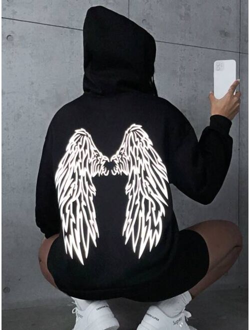 SHEIN EZwear Reflective Wings Print Kangaroo Pocket Drop Shoulder Hoodie