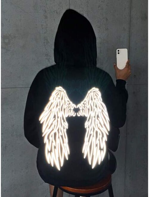 SHEIN EZwear Reflective Wings Print Kangaroo Pocket Drop Shoulder Hoodie