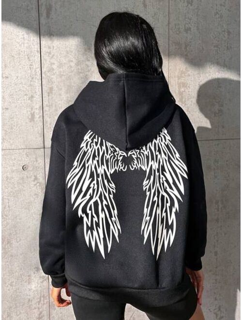 SHEIN EZwear Reflective Wings Print Kangaroo Pocket Drop Shoulder Hoodie