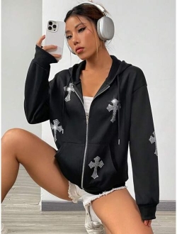 EZwear Rhinestone Cross Pattern Drop Shoulder Drawstring Zipper Hoodie