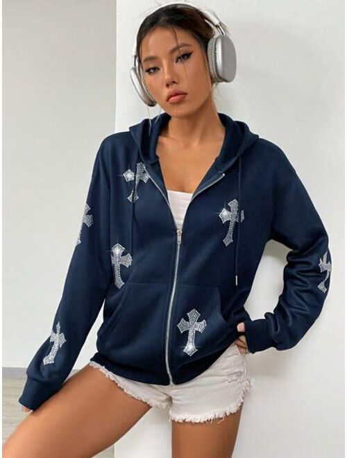 SHEIN EZwear Rhinestone Cross Pattern Drop Shoulder Drawstring Zipper Hoodie