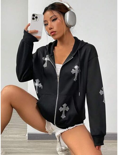 SHEIN EZwear Rhinestone Cross Pattern Drop Shoulder Drawstring Zipper Hoodie