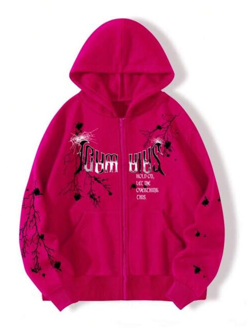 SHEIN Coolane Letter Heart Print Zip Up Thermal Hoodie