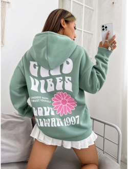 Qutie Floral Slogan Graphic Drop Shoulder Drawstring Hoodie