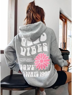 Qutie Floral Slogan Graphic Drop Shoulder Drawstring Hoodie