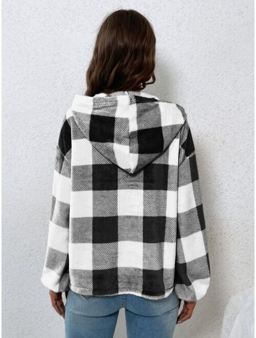 SHEIN Essnce Gingham Half Button Drop Shoulder Hoodie