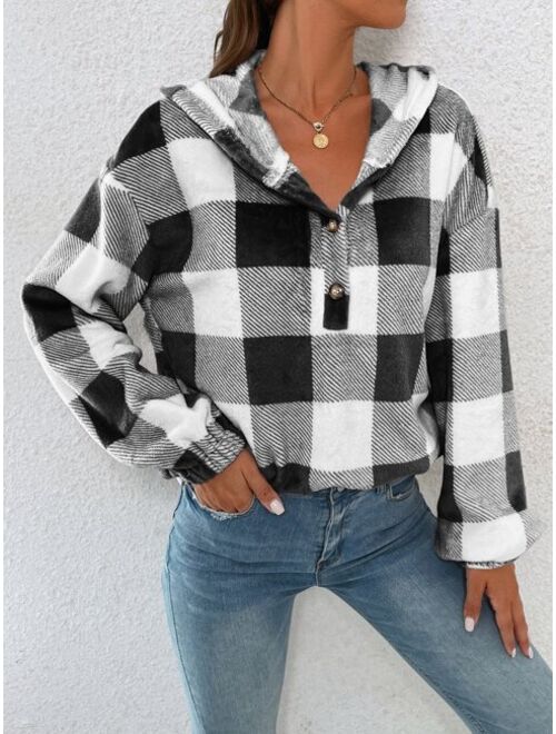 SHEIN Essnce Gingham Half Button Drop Shoulder Hoodie