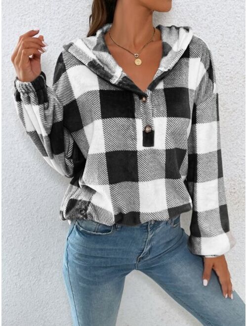 SHEIN Essnce Gingham Half Button Drop Shoulder Hoodie