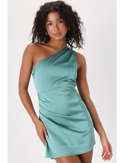 Love Me Tonight Emerald Green Satin One-Shoulder Homecoming Mini Dress