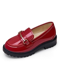 Coutgo Girl's Platform Loafers Slip On Chain Chunky Heel Leather Flats Round Toe School Uniform Dress Shoes