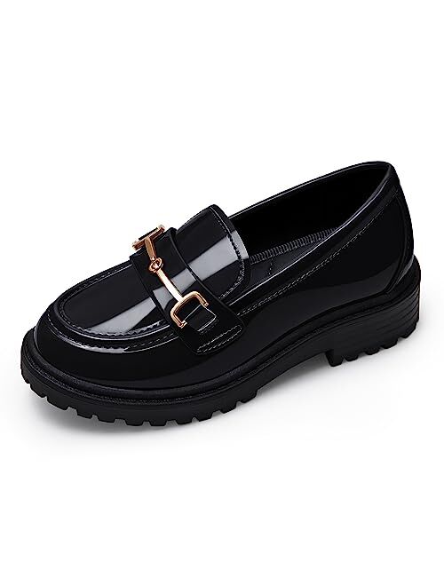 Coutgo Girl's Platform Loafers Slip On Chain Chunky Heel Leather Flats Round Toe School Uniform Dress Shoes