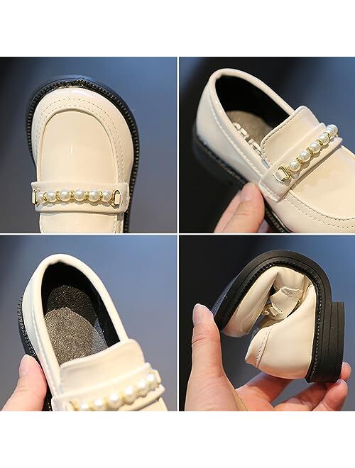 BININBOX Little Girls Patent Leather Oxford Slip-On Penny Loafer Rhinestones Pearls Flats Black White School Uniform Dress Shoes for Toddlers/Little Girls