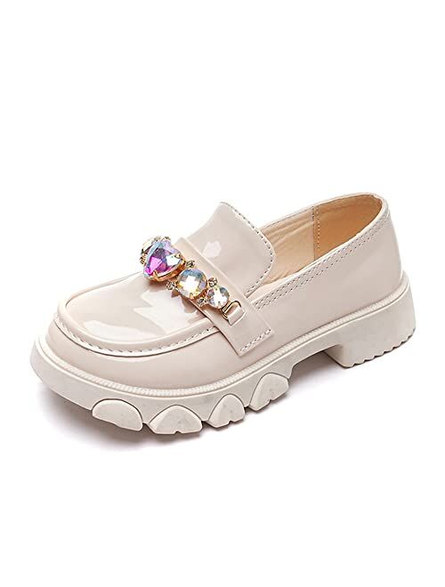 BININBOX Little Girls Patent Leather Slip-On Penny Loafer Rhinestones Flats Black White School Uniform Dress Shoes for Girls