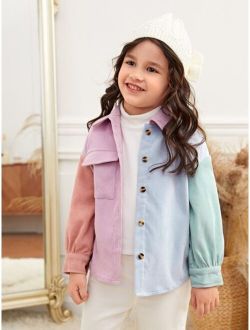 SHEIN Kids EVRYDAY Toddler Girls Color Block Flap Pocket Corduroy Shirt