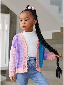 Young Girl Colorblock Drop Shoulder Button Front Cardigan