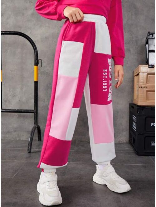 SHEIN Tween Girl Letter Graphic Colorblock Sweatpants