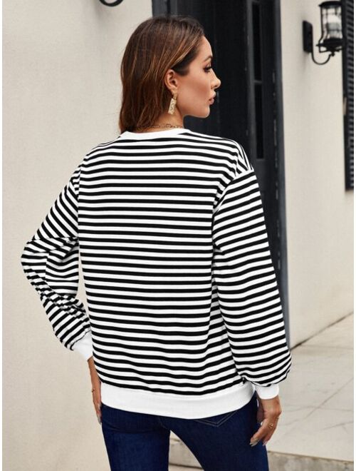 SHEIN Frenchy Striped And Heart Patched Drop Shoulder Sweatshirt