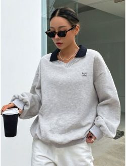 Slogan Graphic Contrast Collar Drop Shoulder Sweatshirt