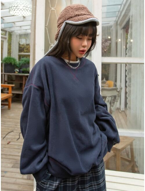 DAZY Letter Graphic Drop Shoulder Fleece Oversized Sweatshirt Without Tee