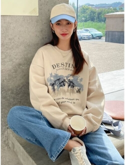 Mountain Slogan Graphic Drop Shoulder Thermal Pullover