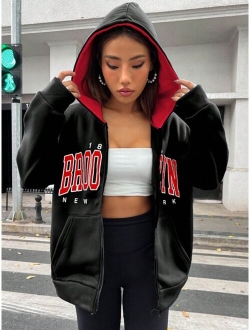 EZwear Letter Graphic Zip Up Drop Shoulder Hoodie