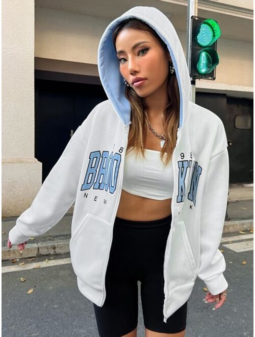 SHEIN EZwear Letter Graphic Zip Up Drop Shoulder Hoodie