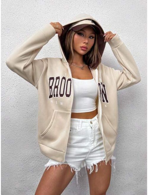 SHEIN EZwear Letter Graphic Zip Up Drop Shoulder Hoodie