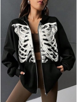 Coolane Skeleton Print Zip Up Drop Shoulder Hoodie