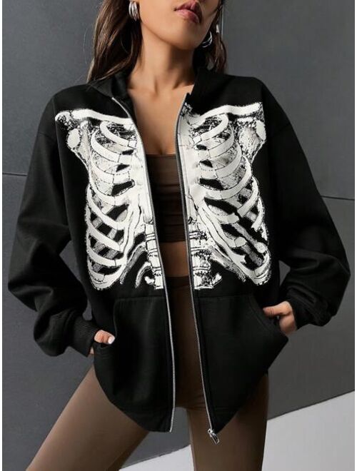 SHEIN Coolane Skeleton Print Zip Up Drop Shoulder Hoodie