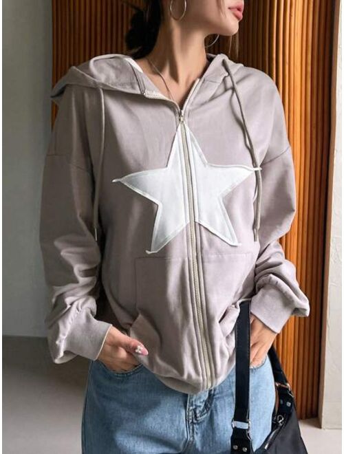 DAZY Star Pattern Drop Shoulder Drawstring Hoodie