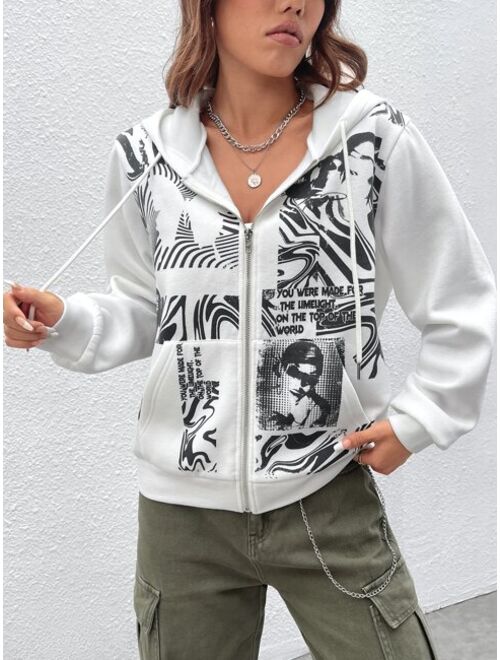 SHEIN Coolane Figure Slogan Graphic Zip Up Drawstring Hoodie