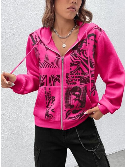 SHEIN Coolane Figure Slogan Graphic Zip Up Drawstring Hoodie