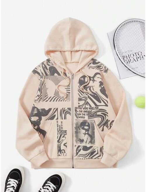 SHEIN Coolane Figure Slogan Graphic Zip Up Drawstring Hoodie