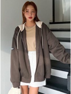 Colorblock Drop Shoulder Drawstring Zipper Thermal Hoodie Without Tee