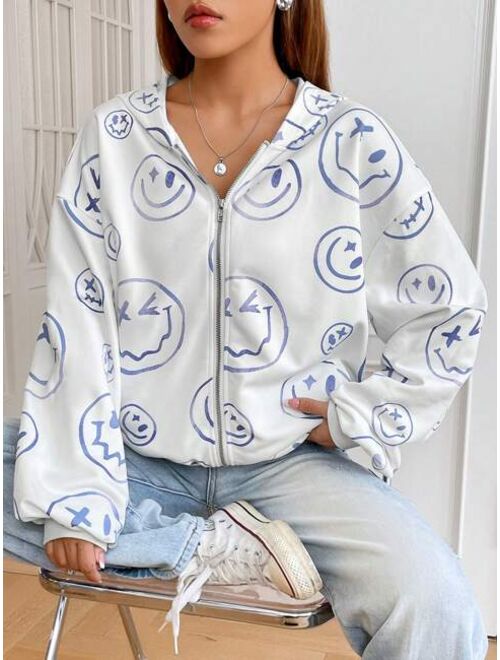 SHEIN EZwear Cartoon Face Print Drop Shoulder Zip Up Hoodie